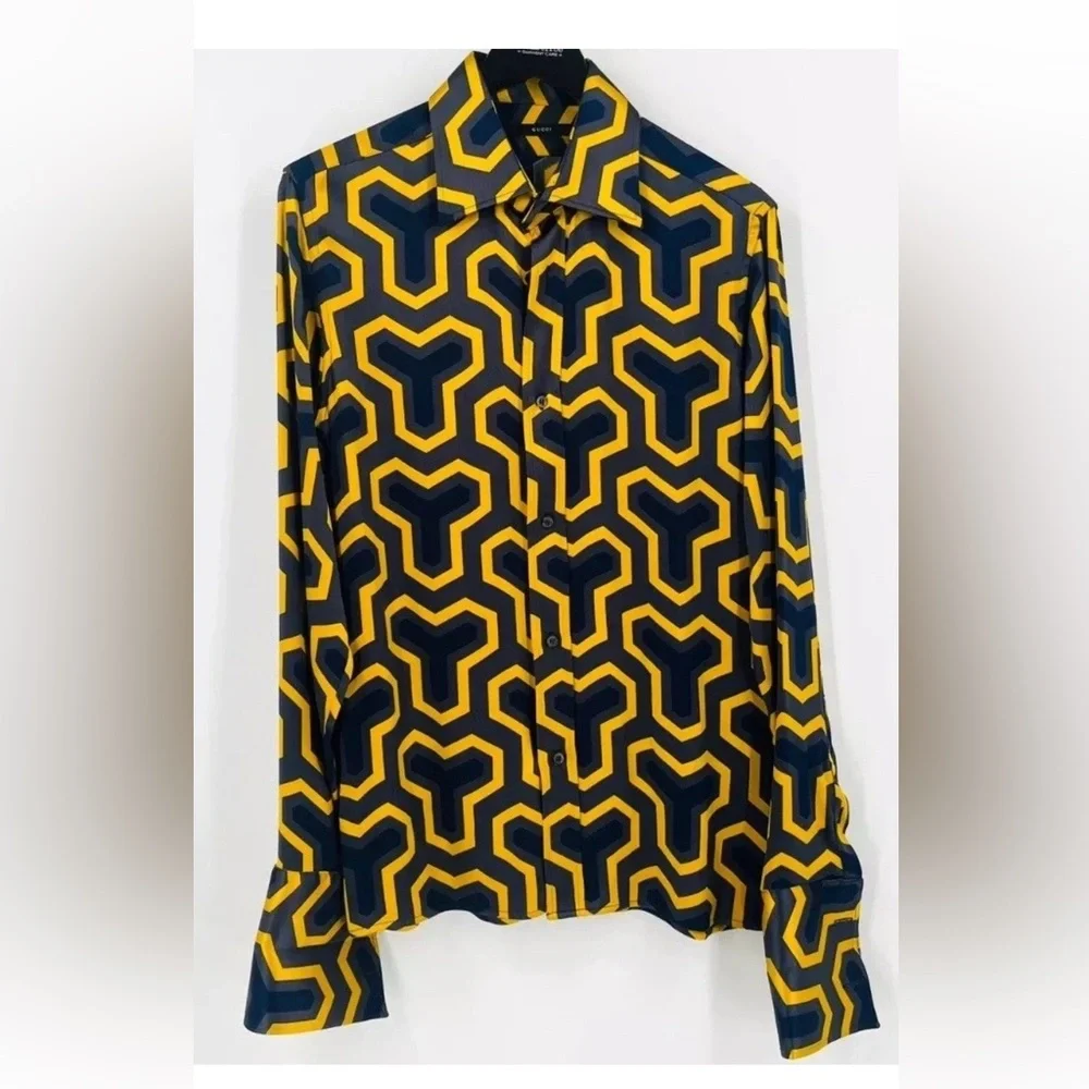 Gucci Yellow and Black Geometric satin Men's Shirt 40/15 1/2